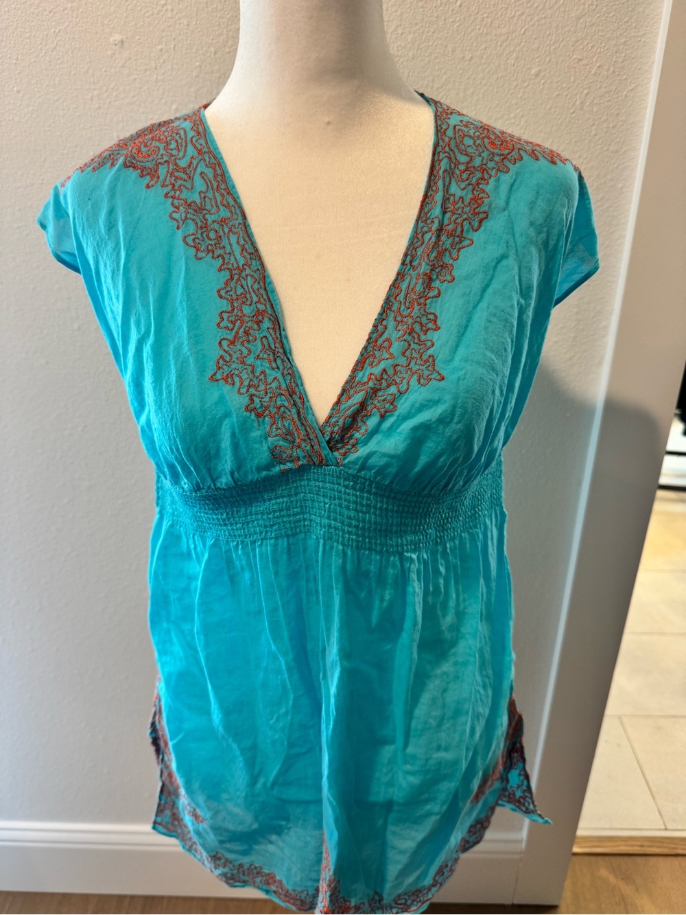 Single Turquoise V-Neck Embroidered Tunic